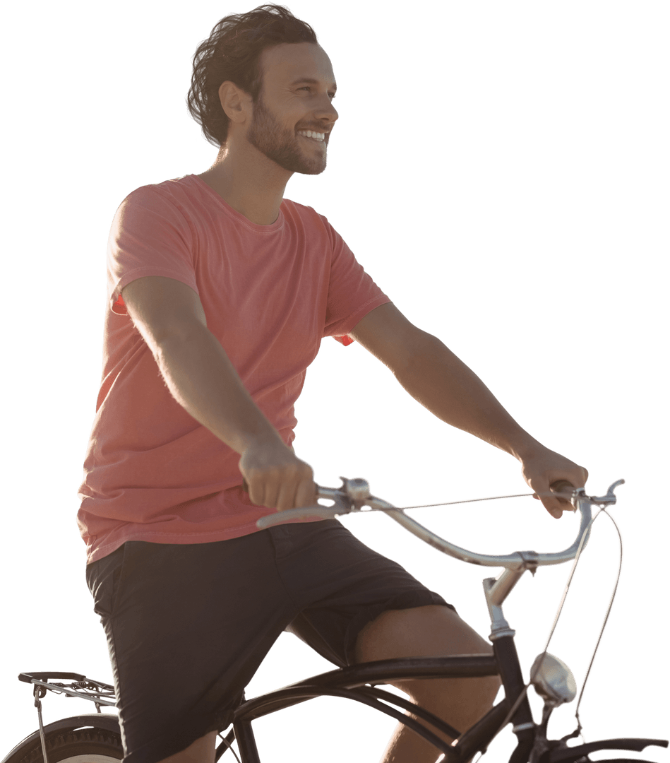 Smiling Man Riding Bicycle on Transparent Background