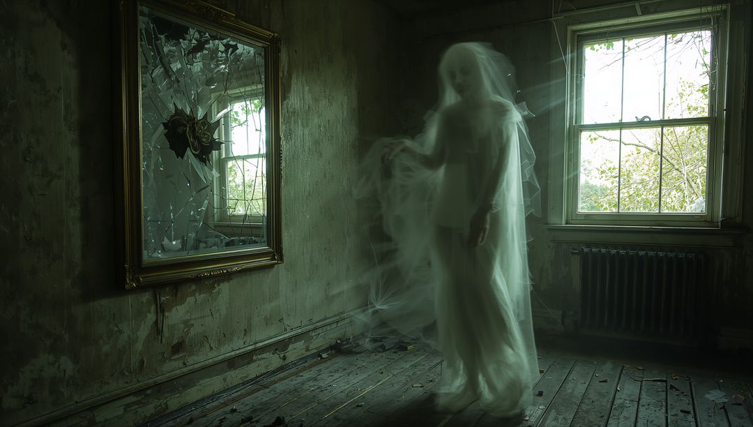 Ethereal Apparition in Abandoned Haunted Room with Broken Mirror