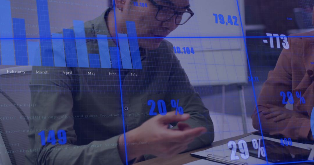 Multicultural Team Analyzing Financial Data with Digital Overlay