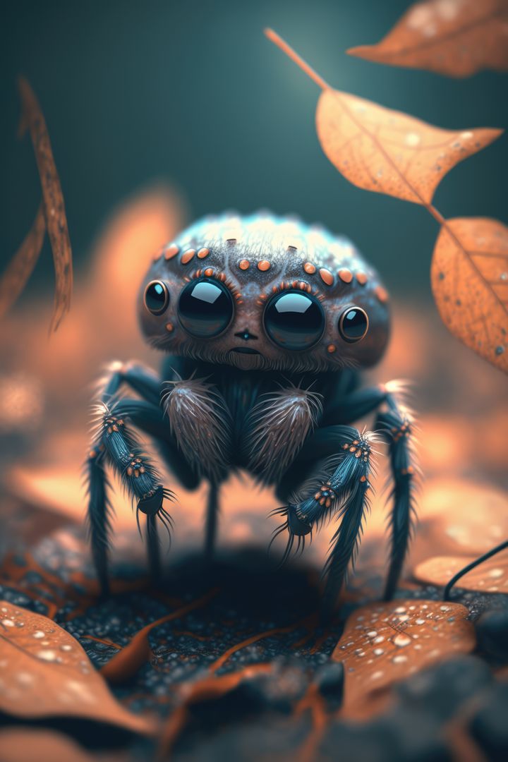 Cute brown spider with orange leaves on blue background created using generative ai technology - Free Images, Stock Photos and Pictures on Pikwizard.com