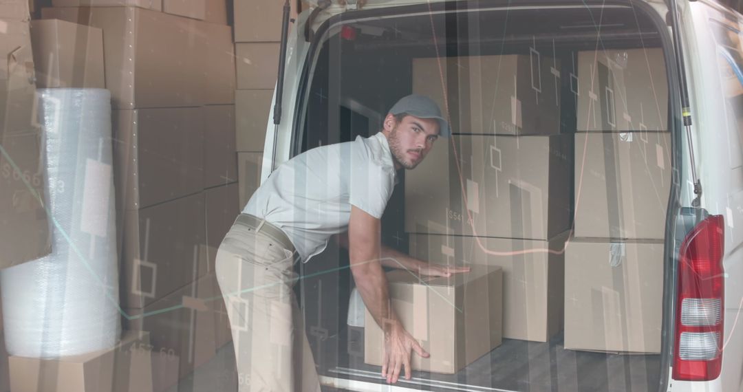 Delivery Man Loading Packages with Financial Data Overlay