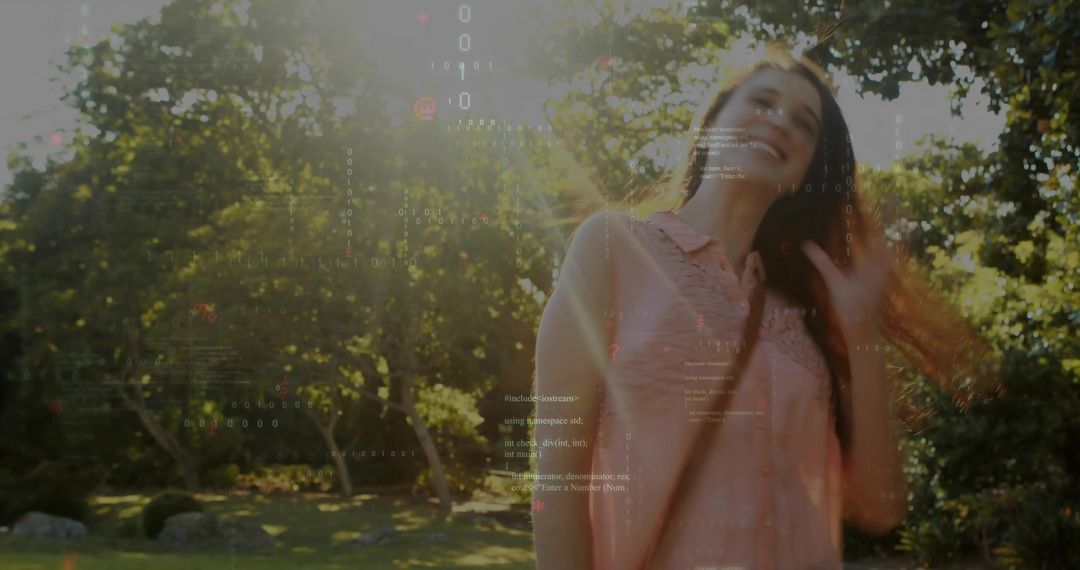 Smiling Woman and Tech Overlay in Sunlit Garden