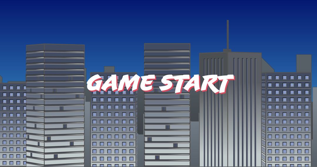 Retro Game Start Screen with Cityscape Background