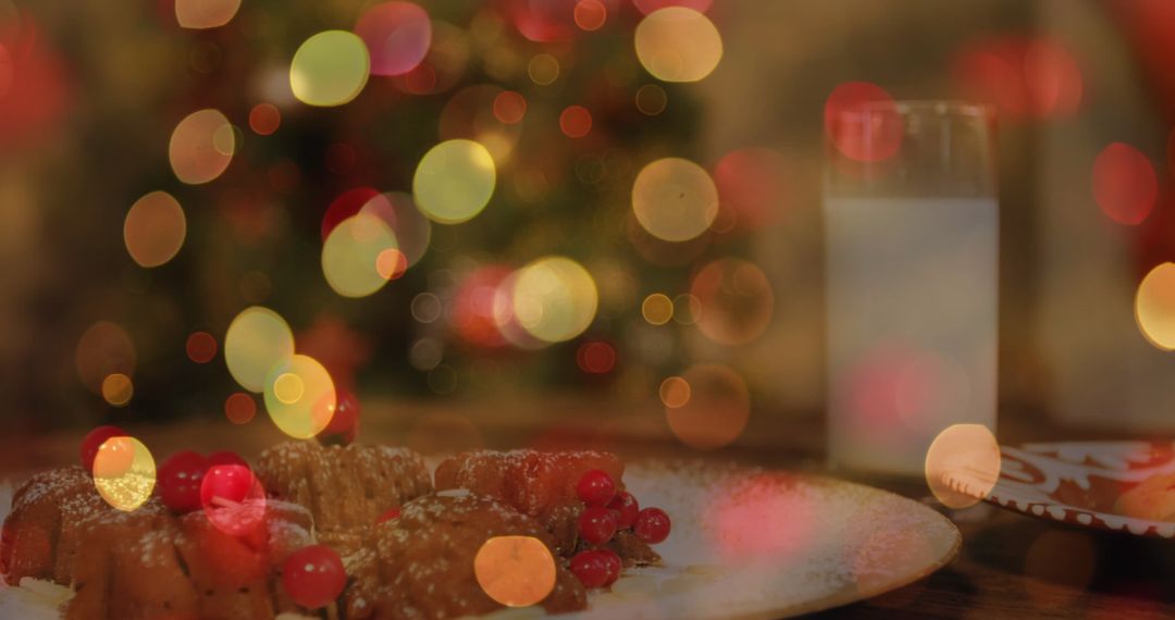 Christmas Cookies and Milk with Bokeh Lights in Festive Holiday Scene