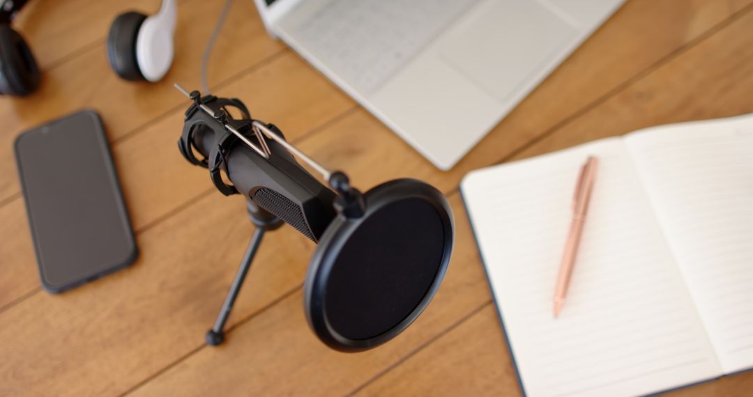 Recording Studio Desk with Condenser Microphone and Pop Filter