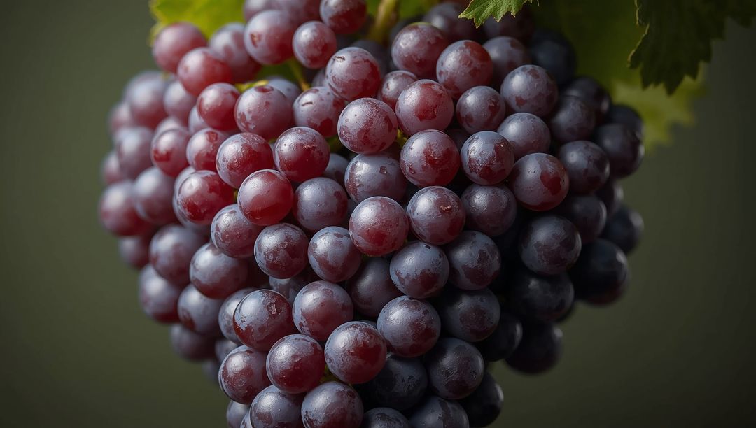 Close-up of Ripe Red Grapes with Vine Leaves