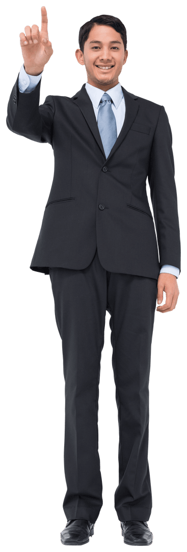 Asian Businessman Pointing Up with Index Finger on Transparent Background