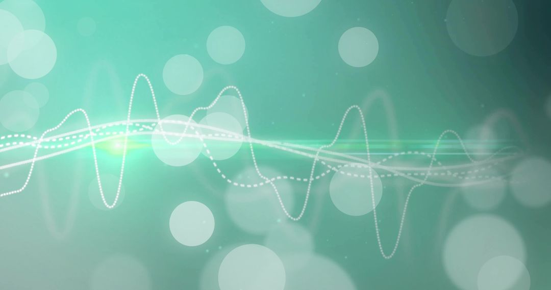 Teal audio waveform flowing across bokeh background with glowing light streaks