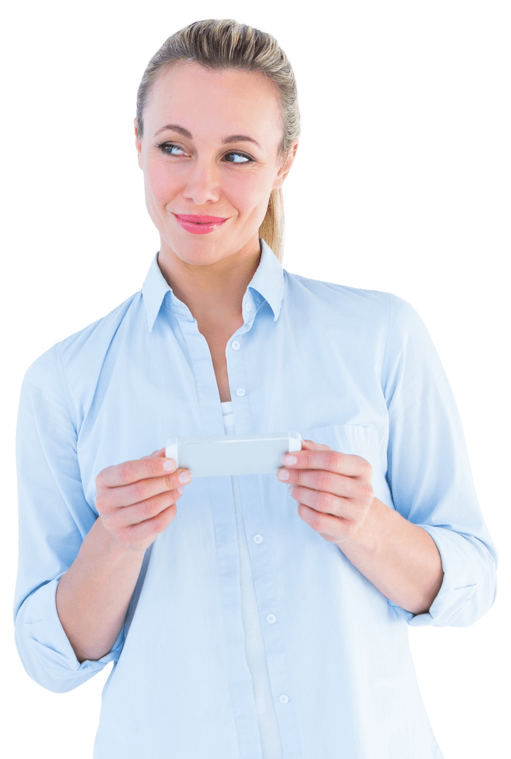 Caucasian Woman Using Smartphone on Transparent Background in Casual Shirt