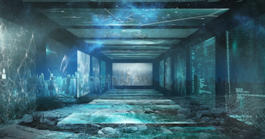 Futuristic Data Processing Room with Cityscape View