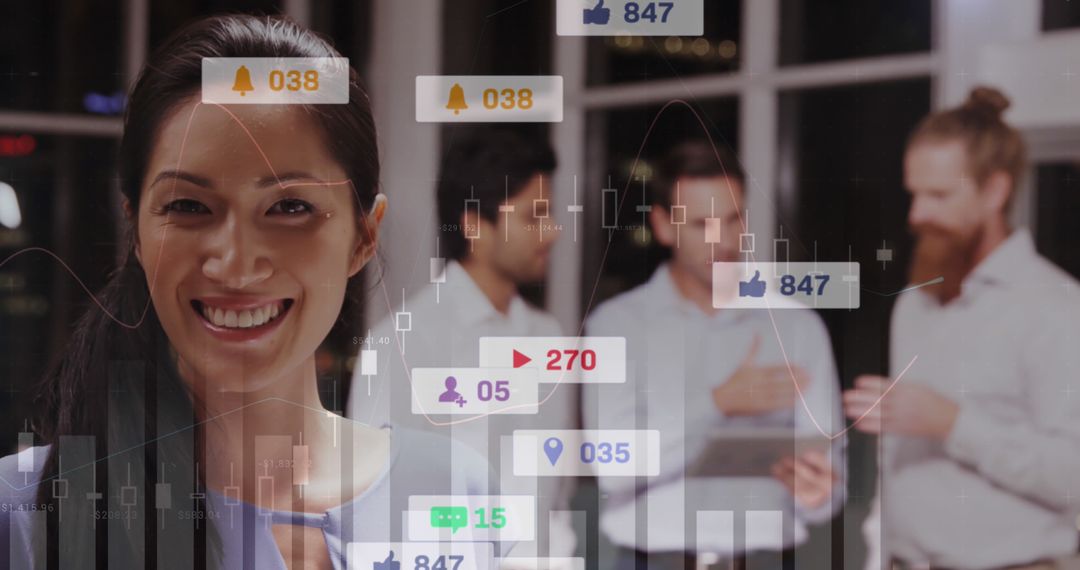 Asian Woman with Social Media Analytics Overlaid in Modern Office