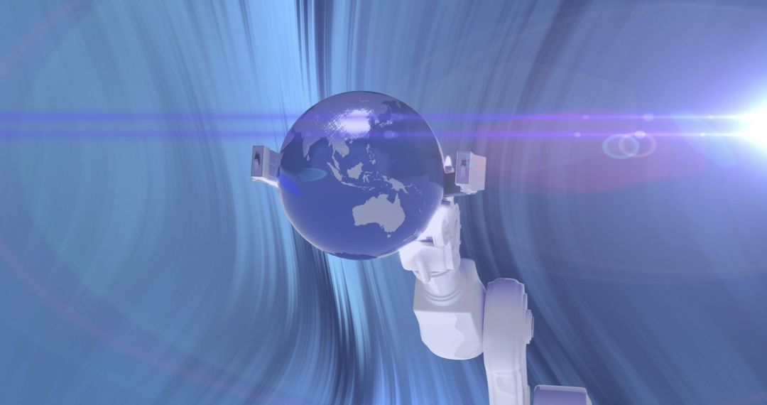 Robotic Hand Holding Globe with Dynamic Light Trails