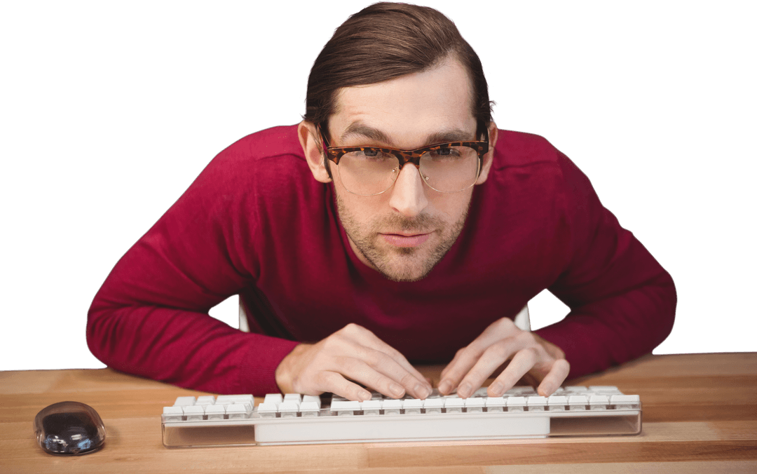 Transparent Background Concentrated Man Typing at Desk