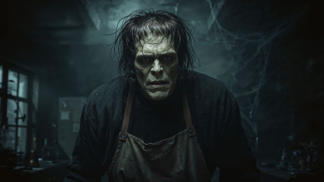 Frankenstein examining bottles in spooky underground laboratory