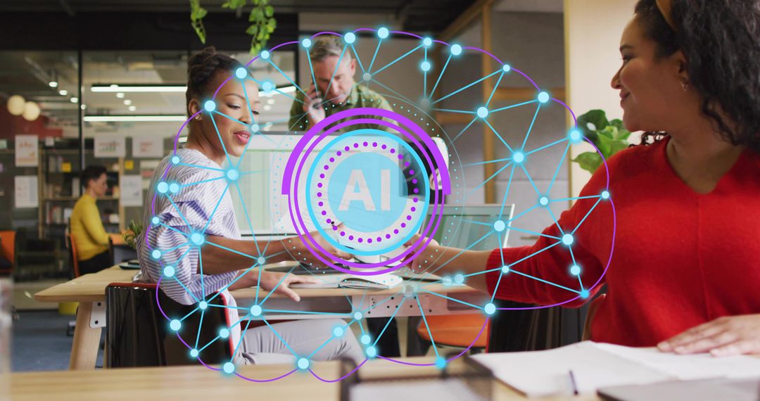 Team Collaborating with AI Innovation in Modern Office Setting