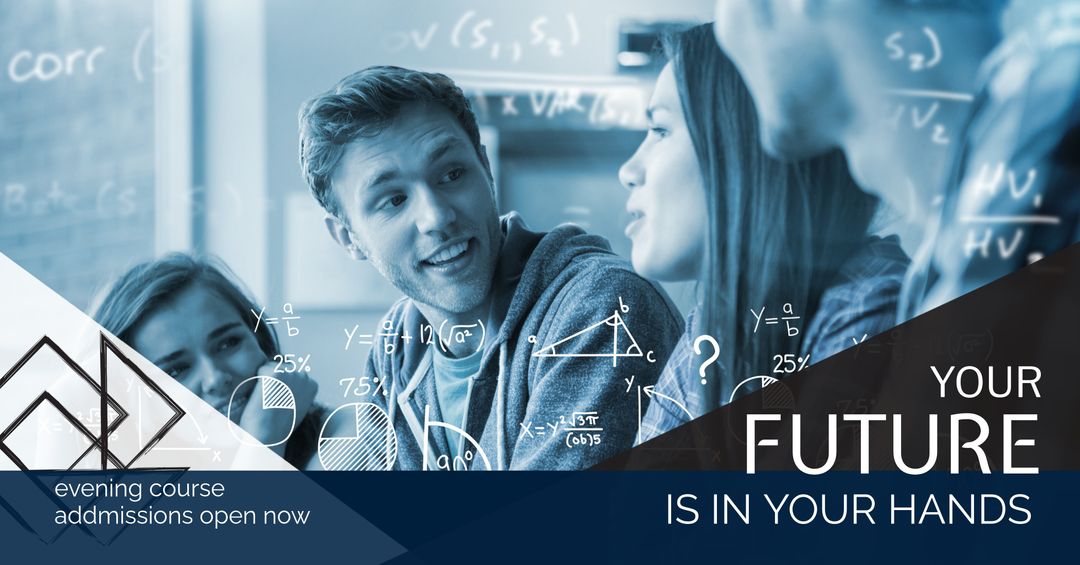 Students Discussing Educational Opportunities with Academic Symbols