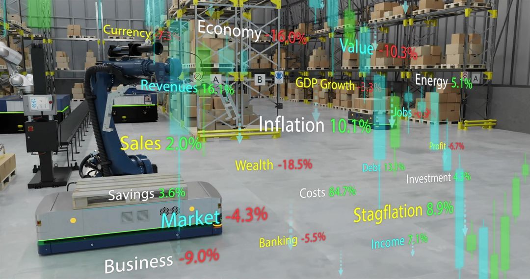 Digital Interface Displays Economic Indicators Over Warehouse Floor