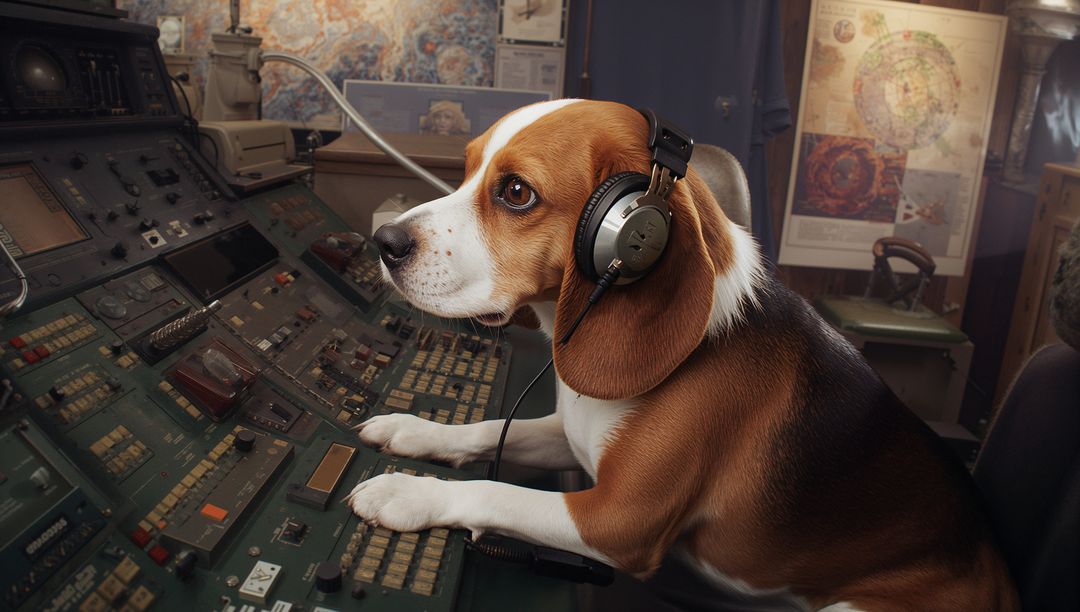 Beagle wearing headphones operating vintage analog audio console in retro studio