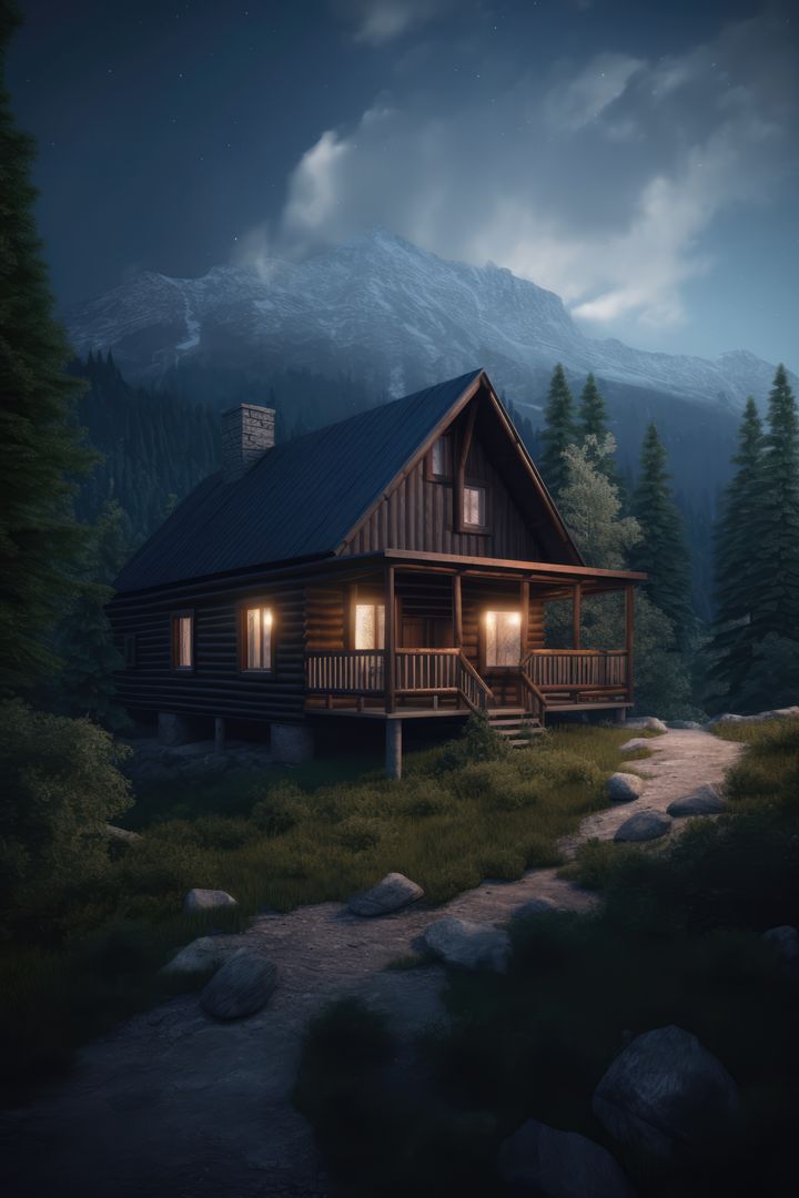Wooden cabin with lit windows at night in mountain landscape, created using generative ai technology - Free Images, Stock Photos and Pictures on Pikwizard.com