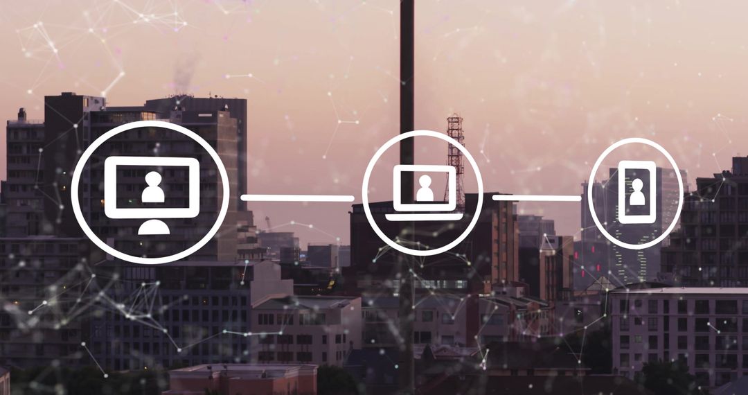 Digital Media Network Over Cityscape at Sunset