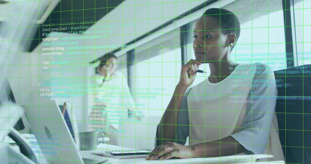 Overlaid Code with Businesswoman in Modern Office Environment