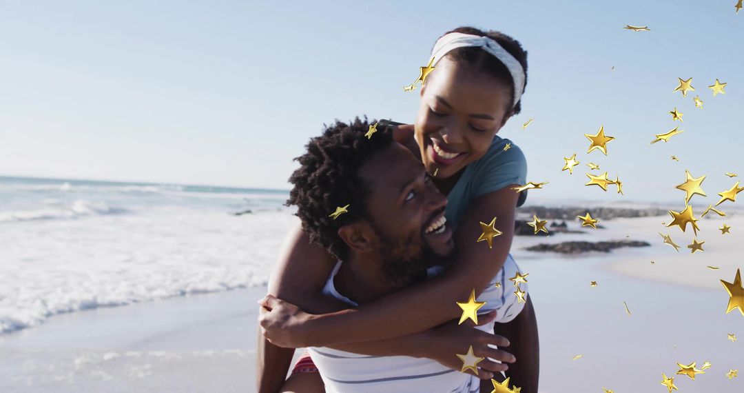 Couple Enjoying Playful Beach Piggyback with Star Overlays