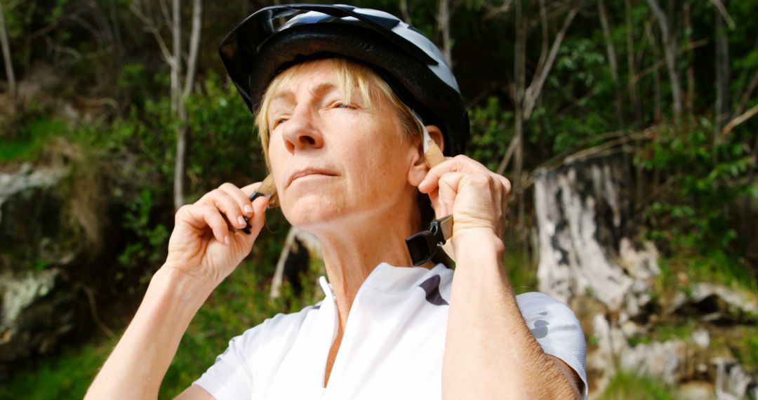 Woman Securing Helmet Strap while Biking Outdoors - Free Images, Stock Photos and Pictures on Pikwizard.com