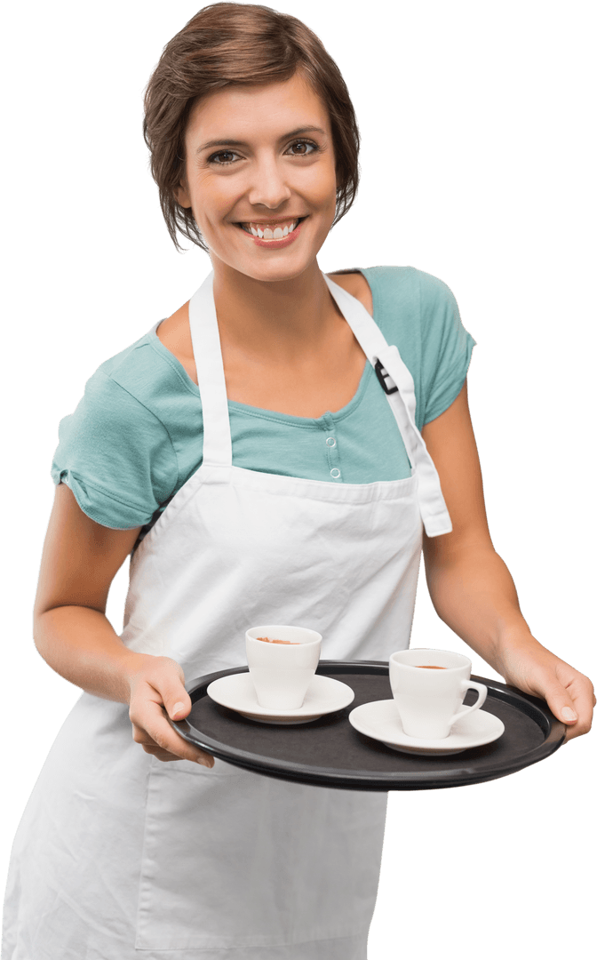 Transparent Waitress Smiling Holding Coffee Tray