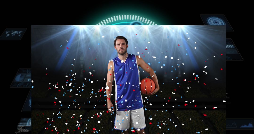 Basketball Player Surrounded by Digital Effects and Confetti