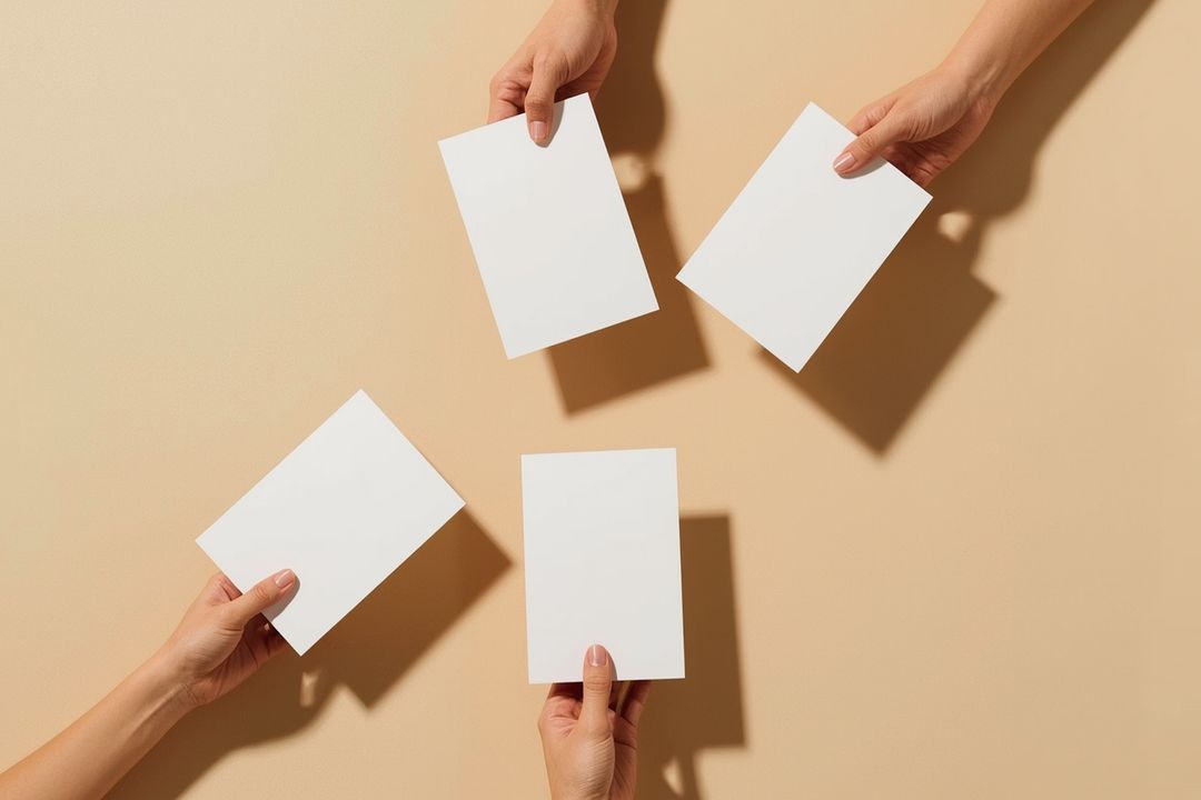 Hands Displaying Blank White Cards Circular Arrangement