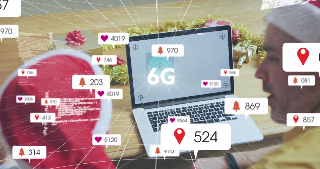 Father and Son Using 6G Laptop in Festive Home Setting