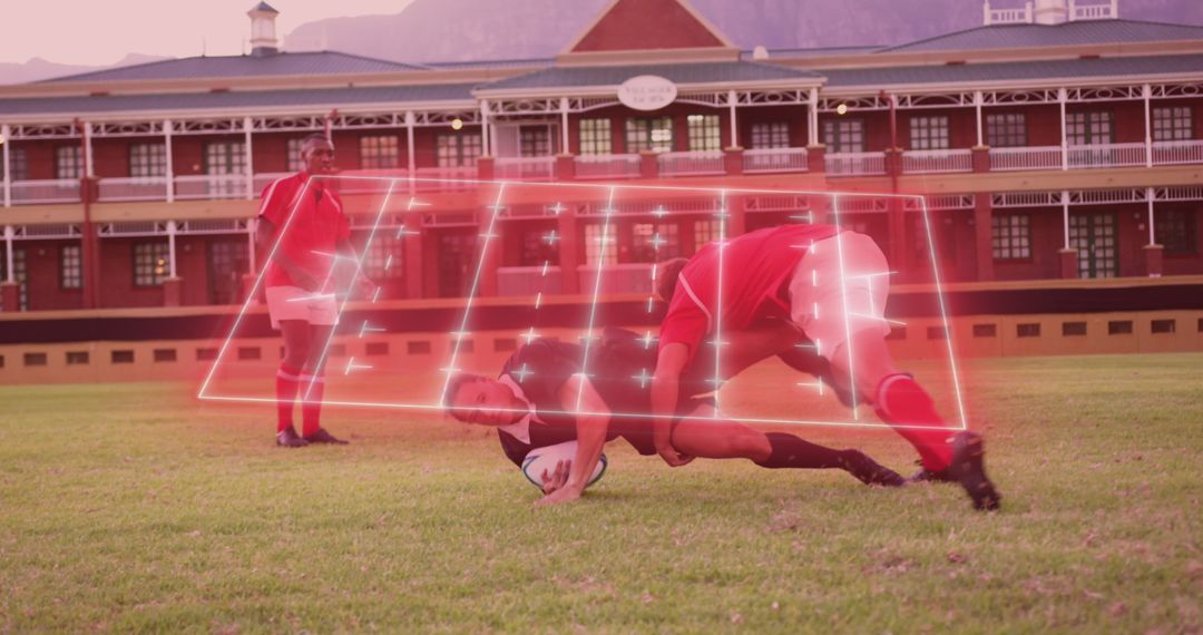 Dynamic Neon-Hued Rugby Players in Action Illuminated Stadium
