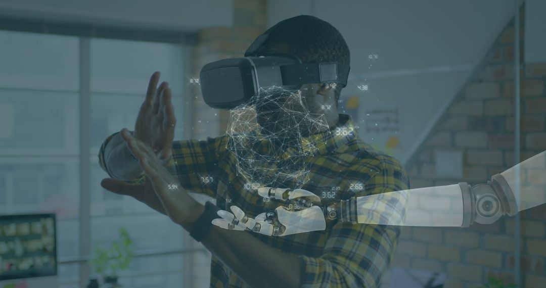 man with vr headset interacting with virtual augmented reality interface