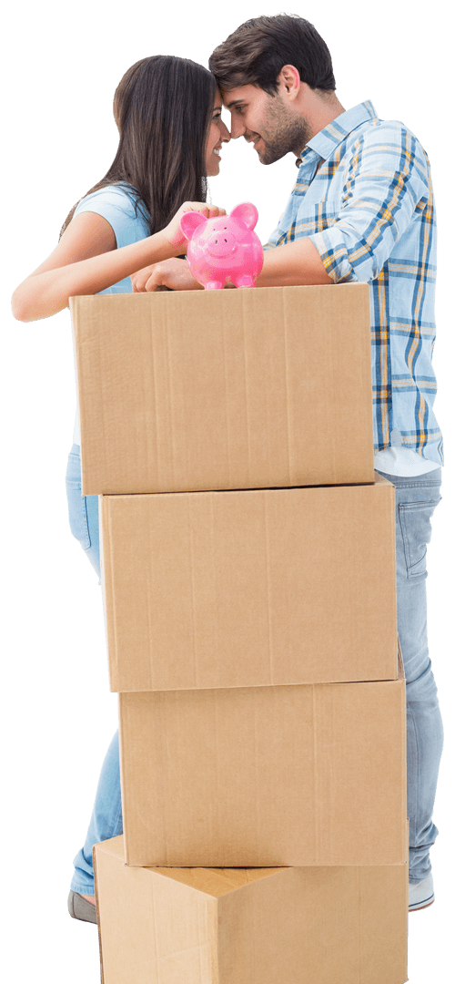 Joyful Couple Saving Money While Moving with Transparent Background