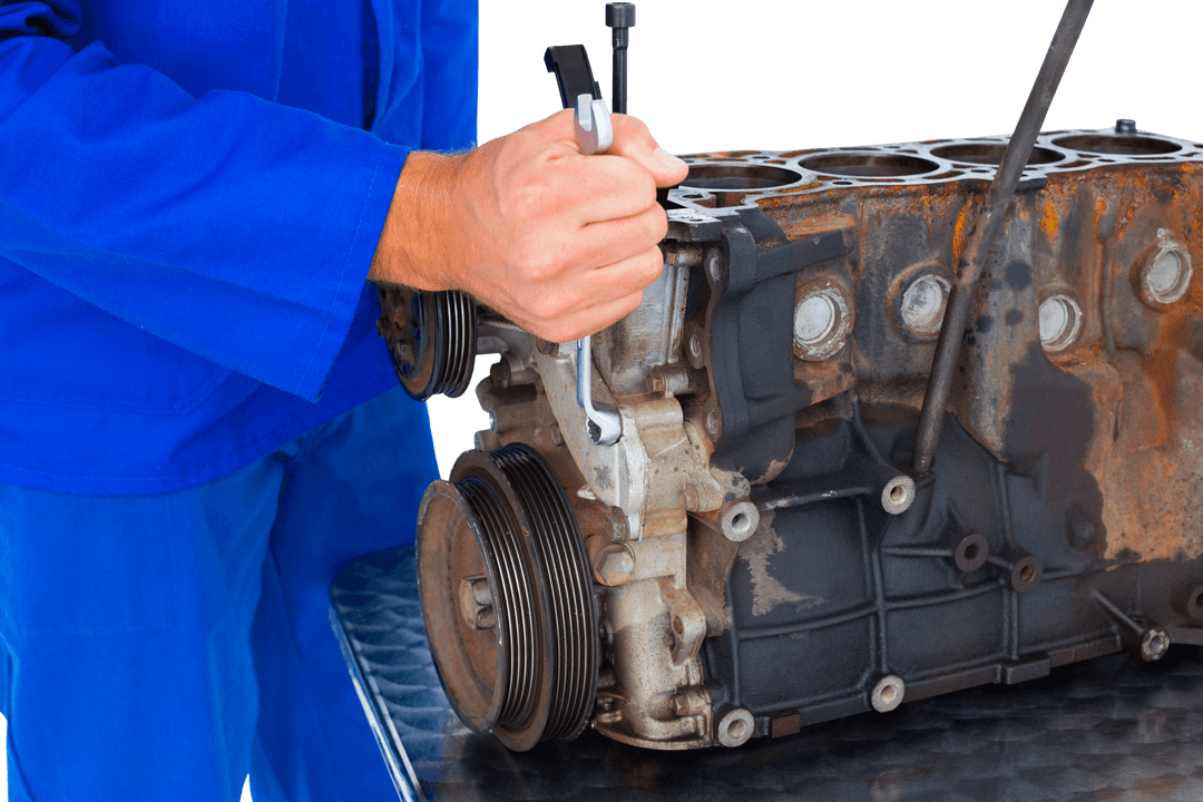 Transparent Car Mechanic Repairing Engine on Workbench