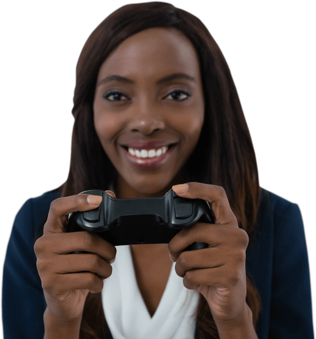 Smiling Businesswoman Holding Game Controller on Transparent Background