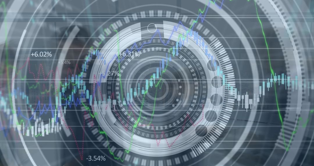 Financial Data Overlay with Digital Interface and Walking Business People