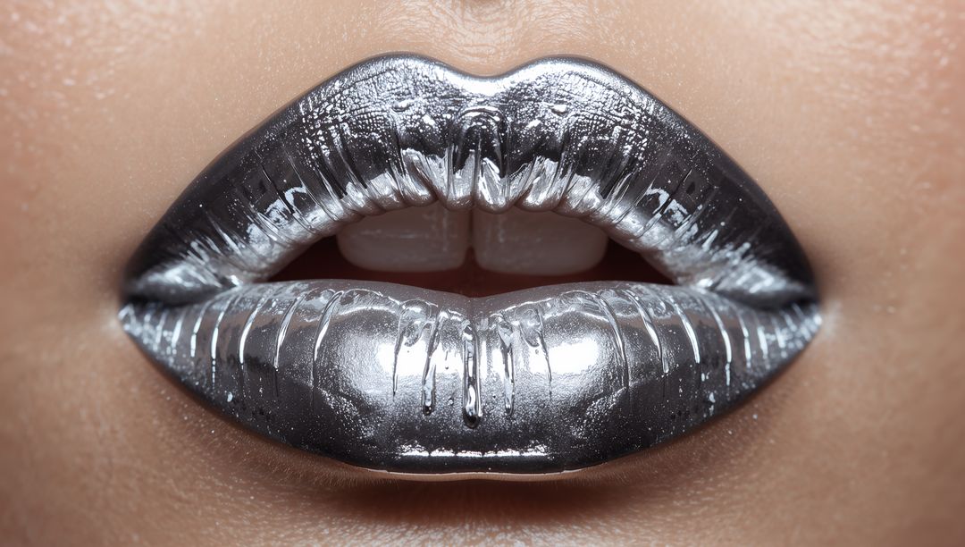 Shimmering Silver Lips Showing Gloss Drips, Metallic Chrome Makeup Closeup
