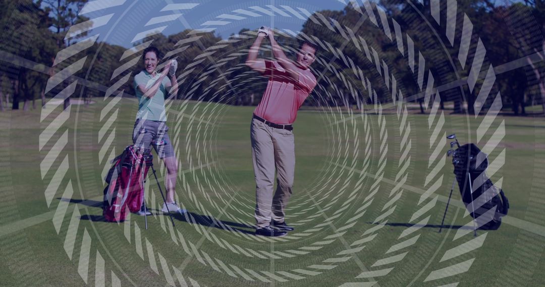 Couple playing golf on sunny fairway with man swinging and artistic dynamic spiral overlay