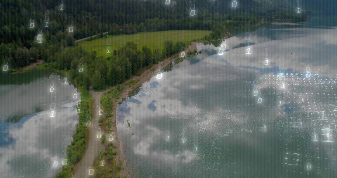 Aerial View of Road Along Lake with Digital Binary Overlay