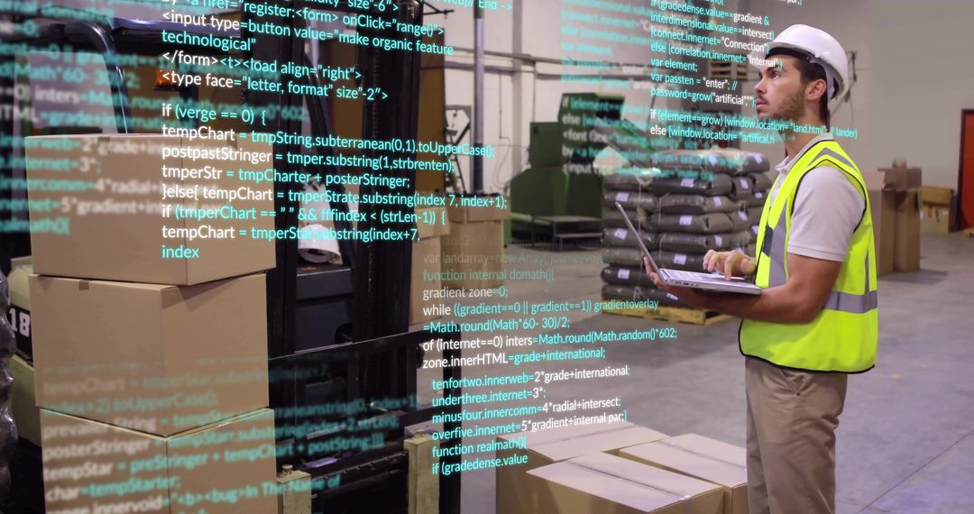 Warehouse Worker Using Laptop Driven by Automation Code Overlay