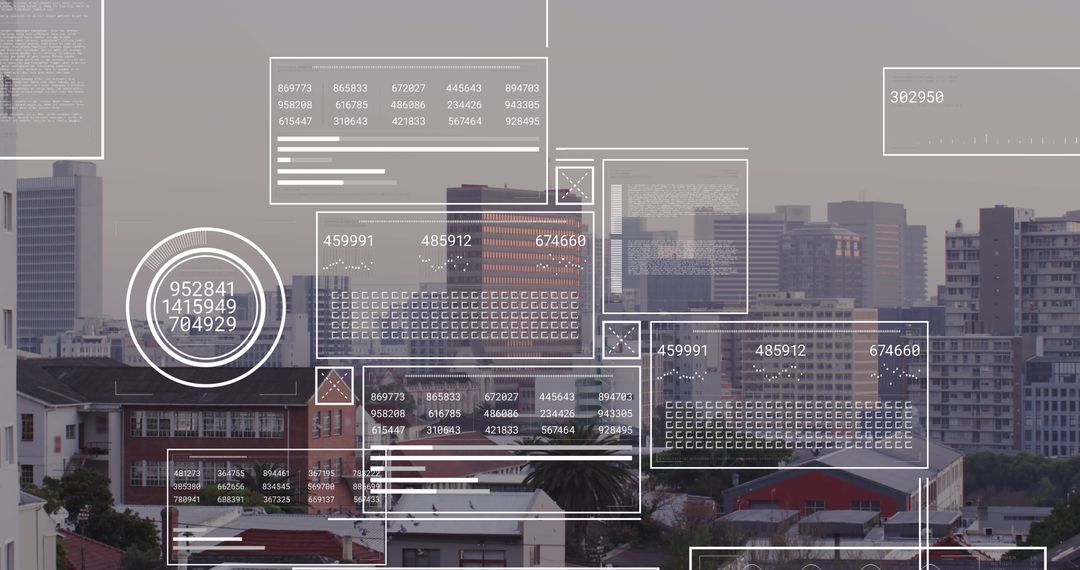 Financial Data Processing Overlay on Urban Skyline
