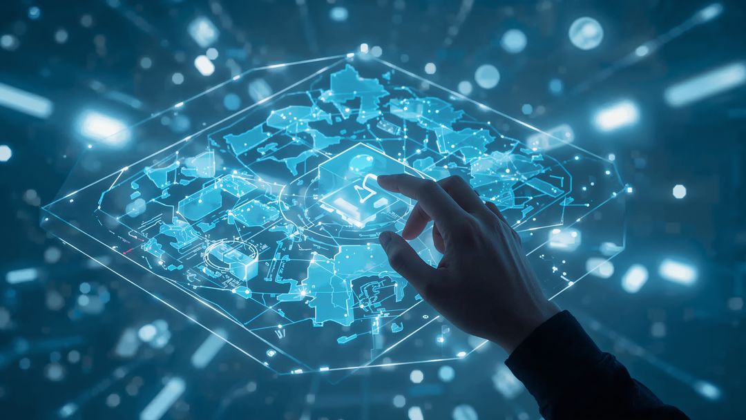 Hand Touching Cyber Interface with Glowing Data Nodes