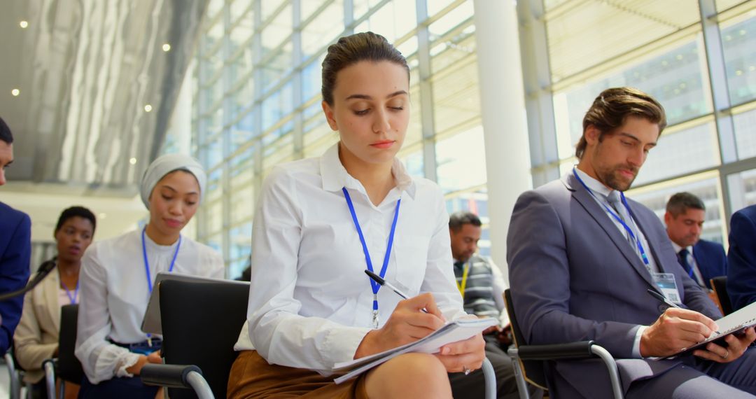 Focused Diverse Professionals in Business Seminar Taking Notes