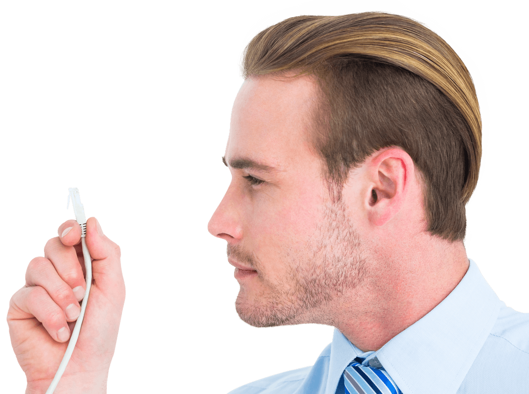 Caucasian Businessman Holding Ethernet Cable Transparent Background