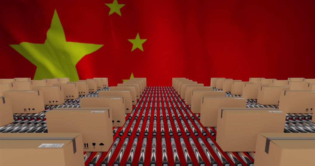 Cardboard Boxes on Conveyor Belt Against Flag of China - Free Images, Stock Photos and Pictures on Pikwizard.com