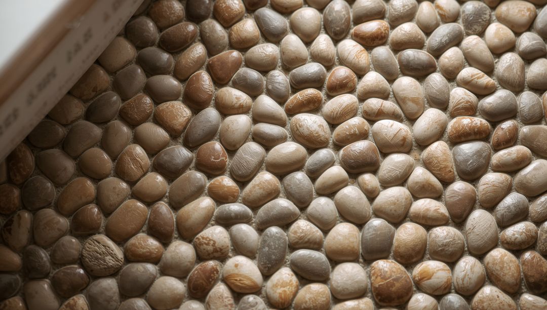 Rounded River Pebble Mosaic Flooring Featuring Smooth Stones and Thin Grout Texture