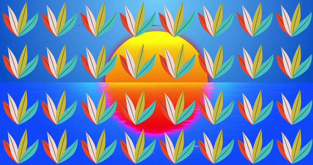 Retro Futurism Sun and Sea with Repeating Plants Design