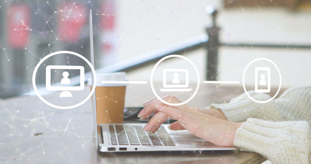 Caucasian Woman Typing on Laptop with Digital Network Overlay