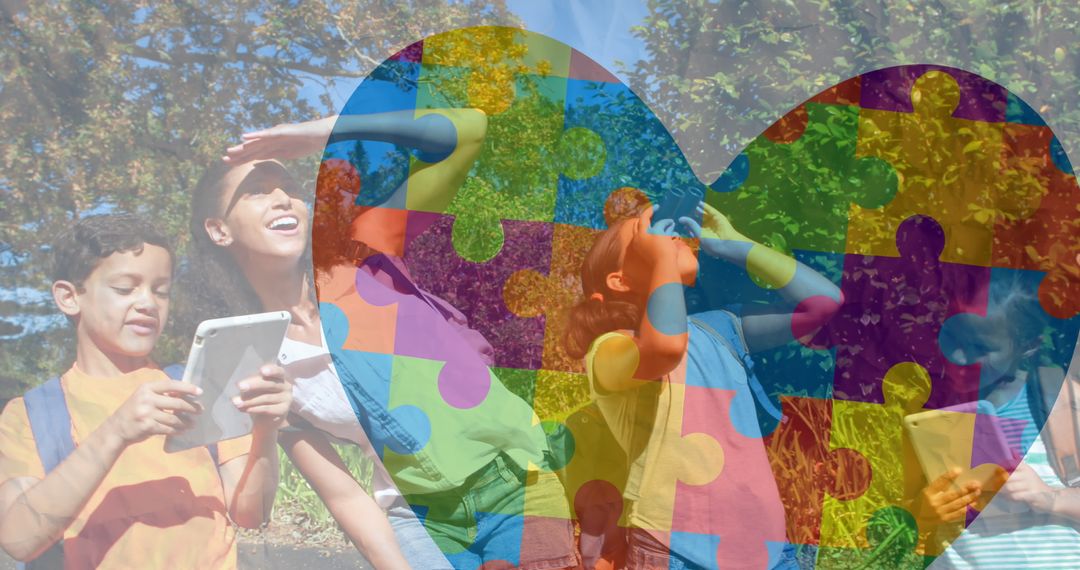 Puzzle Heart Symbol over Joyful Children Playing